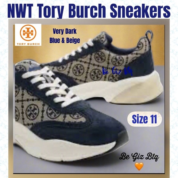 Authentic Tory Burch T Monogram Good Luck Sneakers M Navy Blue Monogram Size 11